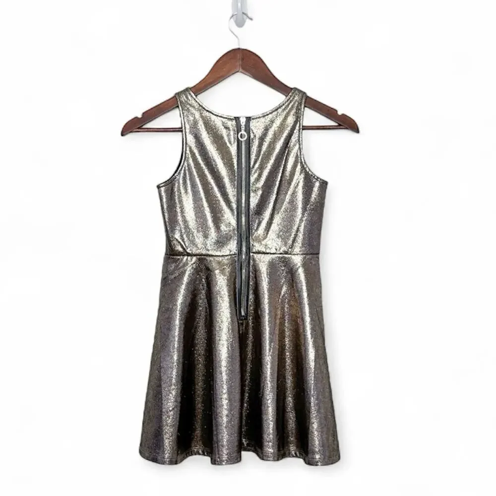 Hannah Banana Fit Flare Dress Girls 8 Metallic Gold Party Rhinestone Bling EUC